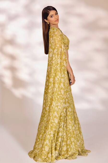 Buy_Kiyohra_Green Lurex, Georgette Embroidery V-neck Cora Floral Print Cape Lehenga Set _Online_at_Aza_Fashions