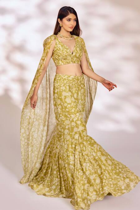 Shop_Kiyohra_Green Lurex, Georgette Embroidery V-neck Cora Floral Print Cape Lehenga Set _Online_at_Aza_Fashions