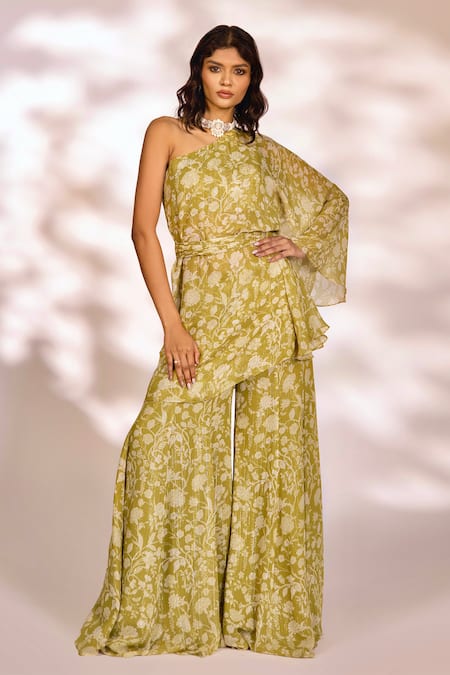 Kiyohra Green Lurex Georgette Printed Floral Shay Cape Top And Flared Pant Set 