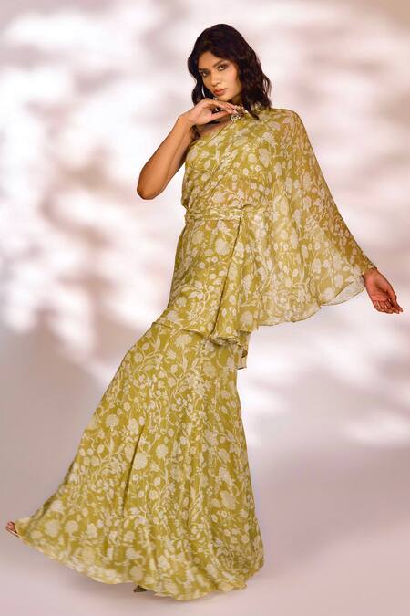 Buy_Kiyohra_Green Lurex, Georgette Embroidery Shay Floral Print Cape Top And Flared Pant Set _Online_at_Aza_Fashions