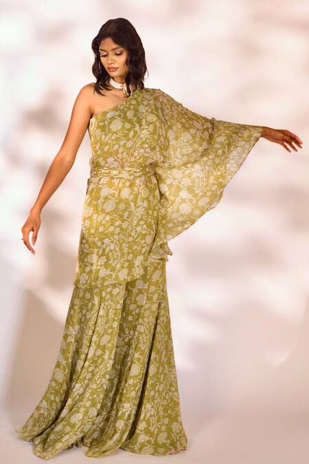 Shop_Kiyohra_Green Lurex, Georgette Embroidery Shay Floral Print Cape Top And Flared Pant Set _Online_at_Aza_Fashions