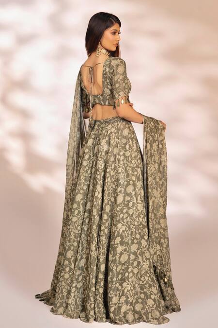 Kiyohra_Green Lurex, Georgette Tassels, Embroidery Mira Floral Vine Print Lehenga Set _Online_at_Aza_Fashions