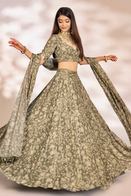 Shop_Kiyohra_Green Lurex, Georgette Tassels, Embroidery Mira Floral Vine Print Lehenga Set _Online_at_Aza_Fashions