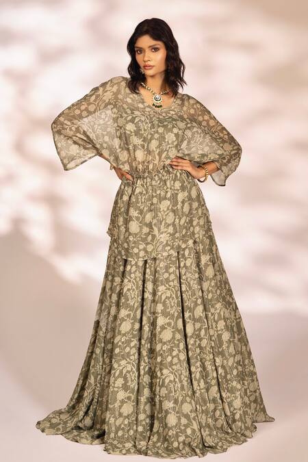Buy_Kiyohra_Green Georgette, Lurex Embroidery V-neck Kaya Floral Print Top And Skirt Set _Online_at_Aza_Fashions