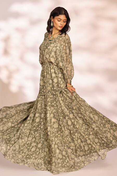 Shop_Kiyohra_Green Georgette, Lurex Embroidery V-neck Kaya Floral Print Top And Skirt Set _Online_at_Aza_Fashions