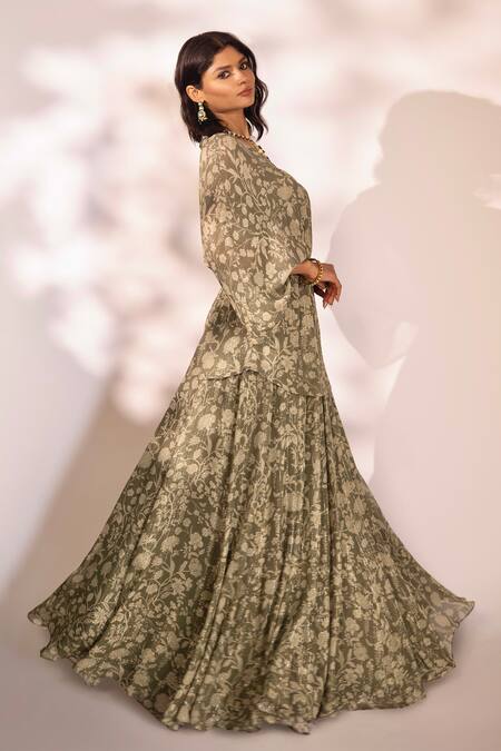 Kiyohra_Green Georgette, Lurex Embroidery V-neck Kaya Floral Print Top And Skirt Set _at_Aza_Fashions