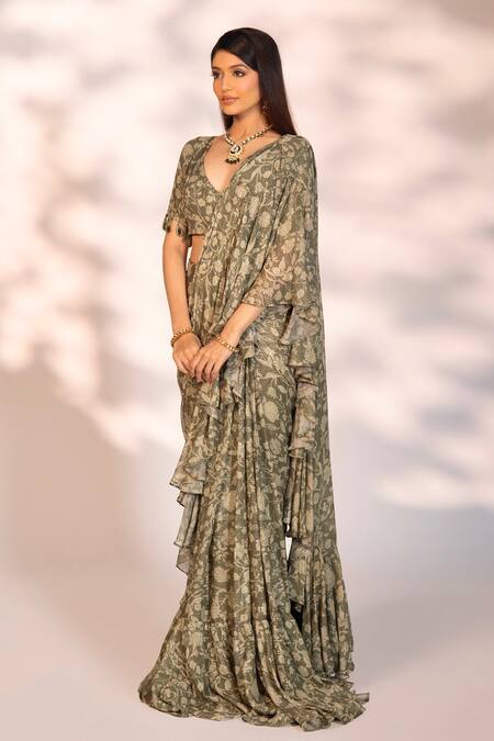 Buy_Kiyohra_Green Georgette, Lurex V-neck Floral Print Ruffle Saree With Blouse _Online_at_Aza_Fashions