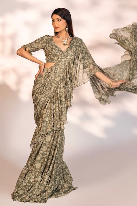 Shop_Kiyohra_Green Georgette, Lurex V-neck Floral Print Ruffle Saree With Blouse _Online_at_Aza_Fashions