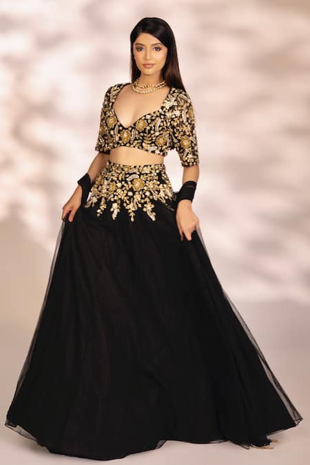 Buy_Kiyohra_Black Net, Georgette Sequins, Zari, Cut Floral Waistband Embroidered Lehenga Set _Online_at_Aza_Fashions