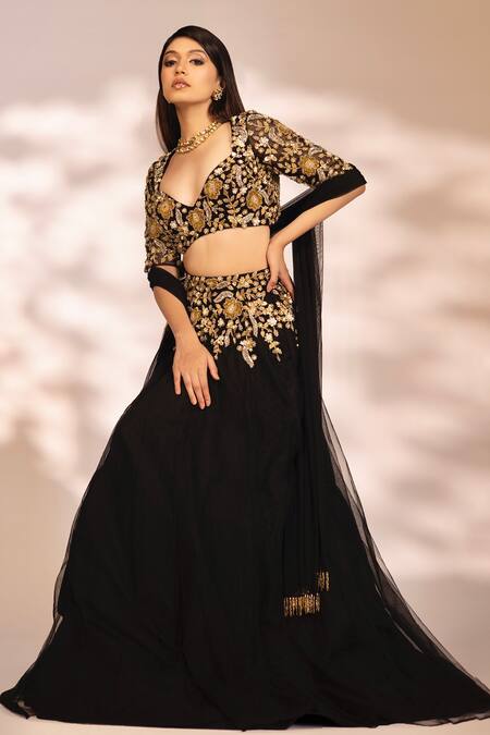 Shop_Kiyohra_Black Net, Georgette Sequins, Zari, Cut Floral Waistband Embroidered Lehenga Set _Online_at_Aza_Fashions