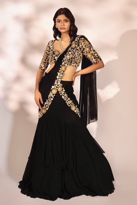 Kiyohra Black Net Embroidery Zardozi Leaf Floral Border Pre-draped Saree With Blouse 