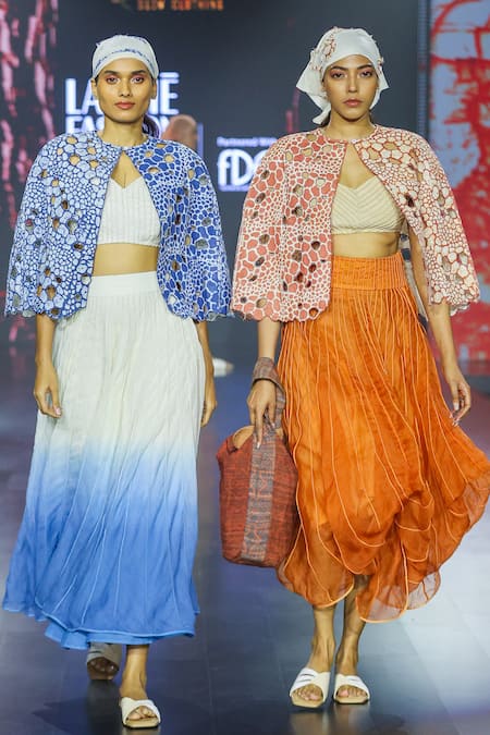 Buy_EK Katha_Orange Linen Printed Batik Round Cape 