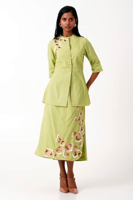 Shop Madder Much Green Handloom Cotton Sequins, Spring Sierra Peplum Top With Tapered Skirt at Aza Fashions Shop_Madder Much_Green Handloom Cotton Sequins, Spring Sierra Peplum Top With Tapered Skirt _at_Aza_Fashions