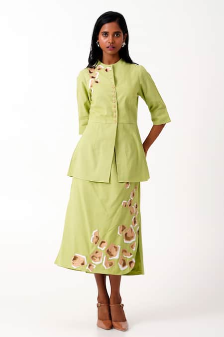 Madder Much Green Handloom Cotton Sequins, Spring Sierra Peplum Top With Tapered Skirt at Aza Fashions Madder Much_Green Handloom Cotton Sequins, Spring Sierra Peplum Top With Tapered Skirt _at_Aza_Fashions