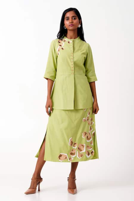 Buy Madder Much Green Handloom Cotton Sequins, Spring Sierra Peplum Top With Tapered Skirt Buy_Madder Much_Green Handloom Cotton Sequins, Spring Sierra Peplum Top With Tapered Skirt