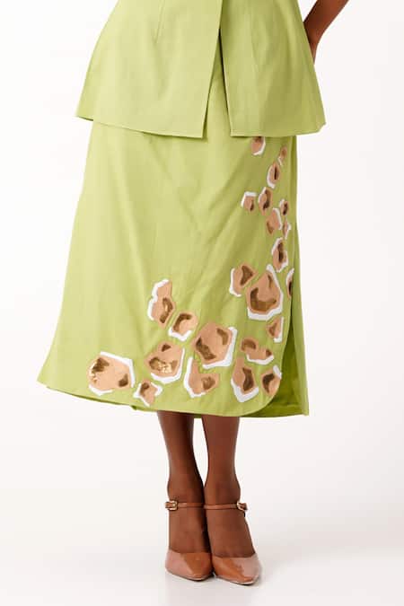 Shop Madder Much Green Handloom Cotton Sequins, Spring Sierra Peplum Top With Tapered Skirt Shop_Madder Much_Green Handloom Cotton Sequins, Spring Sierra Peplum Top With Tapered Skirt