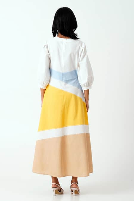 Shop Madder Much Multi Color Handloom Cotton Embroidery Sahar Woven Panelled Dress With Belt at Aza Fashions Shop_Madder Much_Multi Color Handloom Cotton Embroidery Sahar Woven Panelled Dress With Belt _at_Aza_Fashions