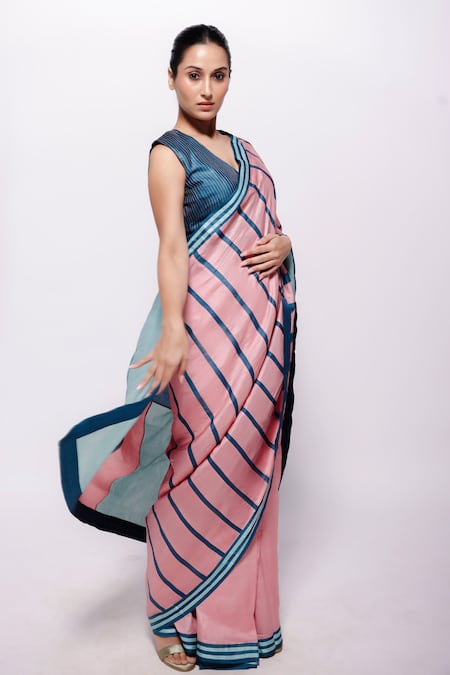 Bihart_Blue Silk V-neck Rangsaaz Stripe Pattern Saree With Blouse _Online_at_Aza_Fashions