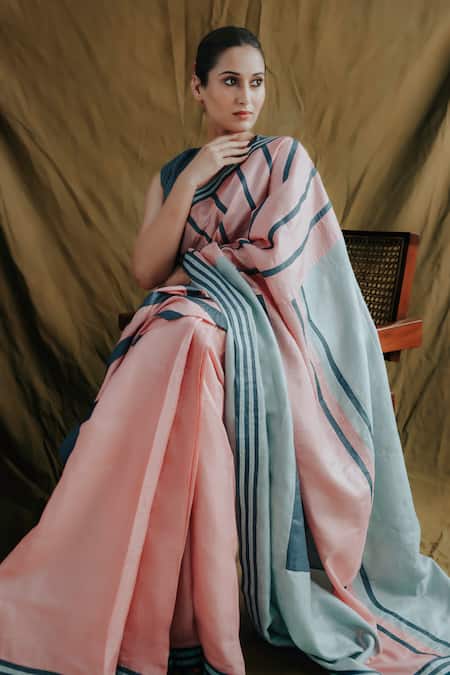 Buy_Bihart_Blue Silk V-neck Rangsaaz Stripe Pattern Saree With Blouse _Online_at_Aza_Fashions