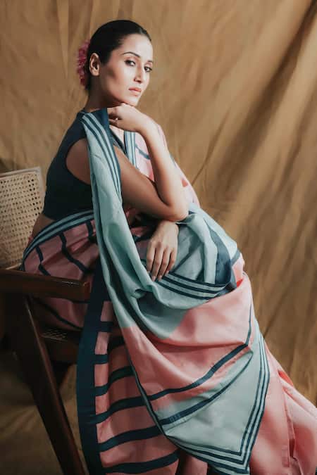 Shop_Bihart_Blue Silk V-neck Rangsaaz Stripe Pattern Saree With Blouse _Online_at_Aza_Fashions