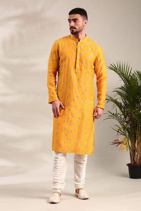 Shop_Mayank Modi - Men_Yellow Silk, Chanderi, Cotton Gota Patti Lace Embellished Kurta Set For Kids
