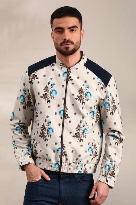 Mayank Modi - Men Off White Linen Cotton Printed Floral Bomber Jacket 