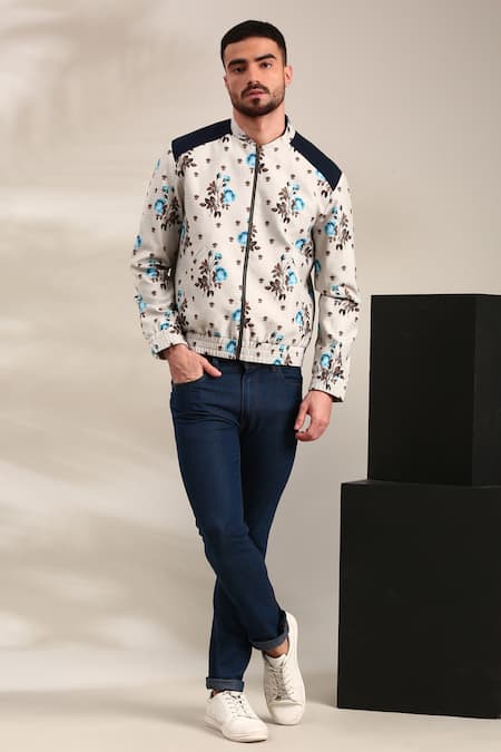 Buy_Mayank Modi - Men_Off White Linen, Cotton Embroidery Floral Print Bomber Jacket 