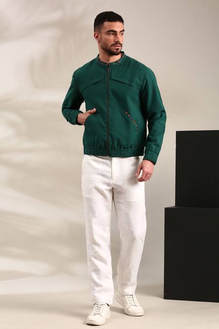 Buy_Mayank Modi - Men_Blue Cotton Front Pocket Bomber Jacket 