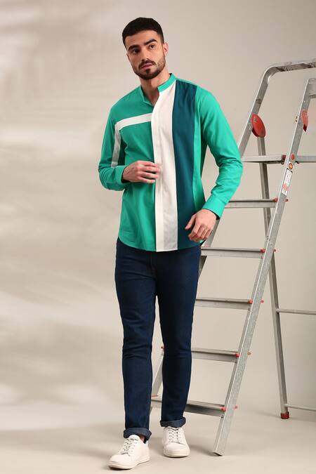 Buy_Mayank Modi - Men_Green Cotton Geometric Panelled Shirt 