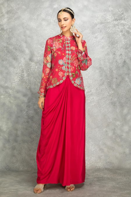 Tanu Malhotra Pink Jacket Georgette Embroidered Floral Band Mirror With Draped Skirt 