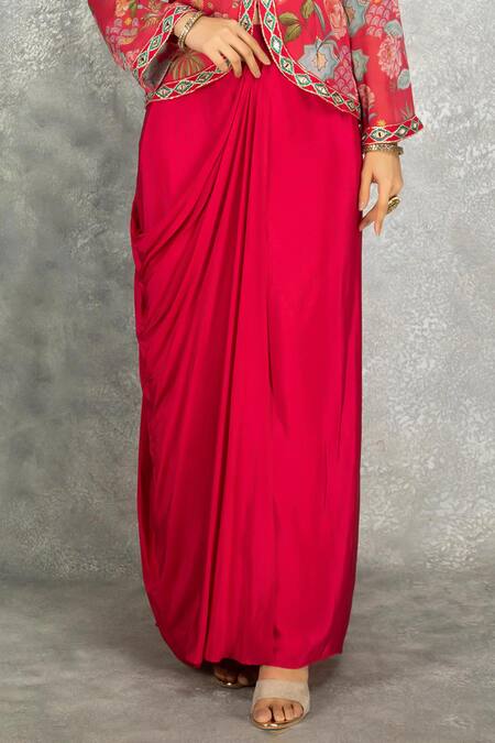 Buy_Tanu Malhotra_Pink Georgette, Modal Embroidery, Mirrors Round Neck Jacket With Draped Skirt _Online_at_Aza_Fashions