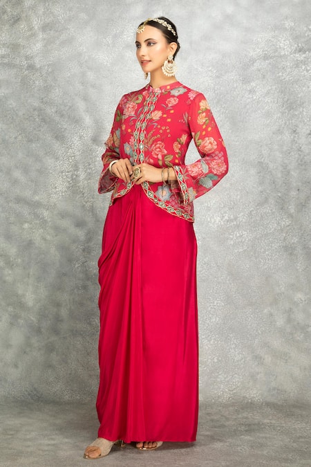 Shop_Tanu Malhotra_Pink Georgette, Modal Embroidery, Mirrors Round Neck Jacket With Draped Skirt _Online_at_Aza_Fashions