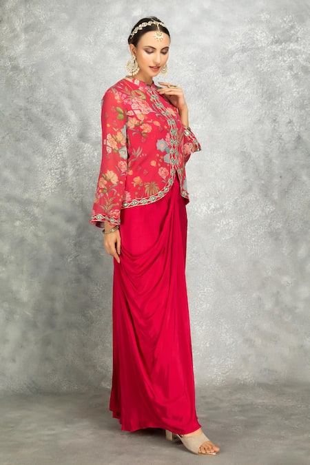 Tanu Malhotra_Pink Georgette, Modal Embroidery, Mirrors Round Neck Jacket With Draped Skirt _at_Aza_Fashions