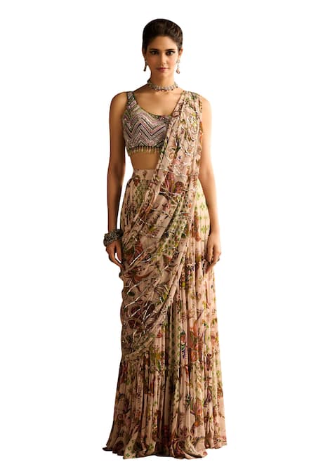 Buy Diyarajvvir Green Crepe, Cosmic Bloom Print Tiered Pre Draped Skirt Saree With Blouse Online at Aza Fashions Buy_Diyarajvvir_Green Crepe, Cosmic Bloom Print Tiered Pre Draped Skirt Saree With Blouse _Online_at_Aza_Fashions