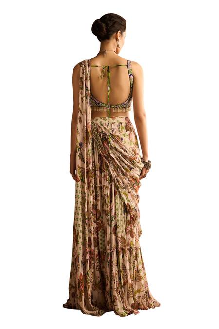 Diyarajvvir Green Crepe, Cosmic Bloom Print Tiered Pre Draped Skirt Saree With Blouse at Aza Fashions Diyarajvvir_Green Crepe, Cosmic Bloom Print Tiered Pre Draped Skirt Saree With Blouse _at_Aza_Fashions
