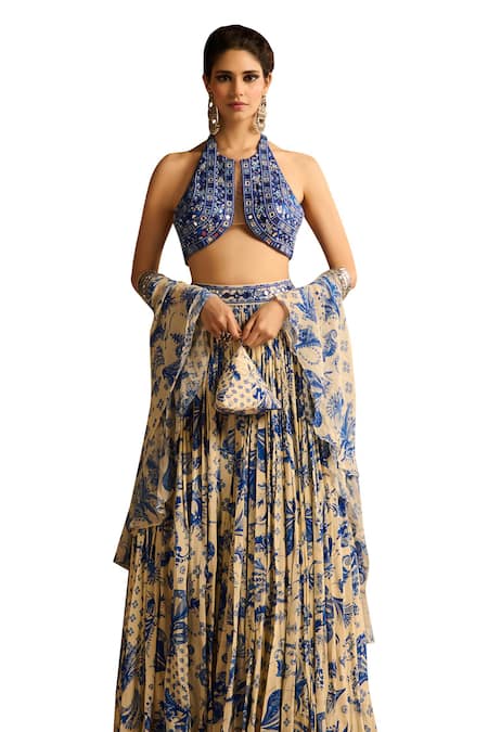 Diyarajvvir Blue Tulle, Crepe, Satin, Lycra, Georgette Floral Jaal Print Lehenga Blouse Set Online at Aza Fashions Diyarajvvir_Blue Tulle, Crepe, Satin, Lycra, Georgette Floral Jaal Print Lehenga Blouse Set _Online_at_Aza_Fashions