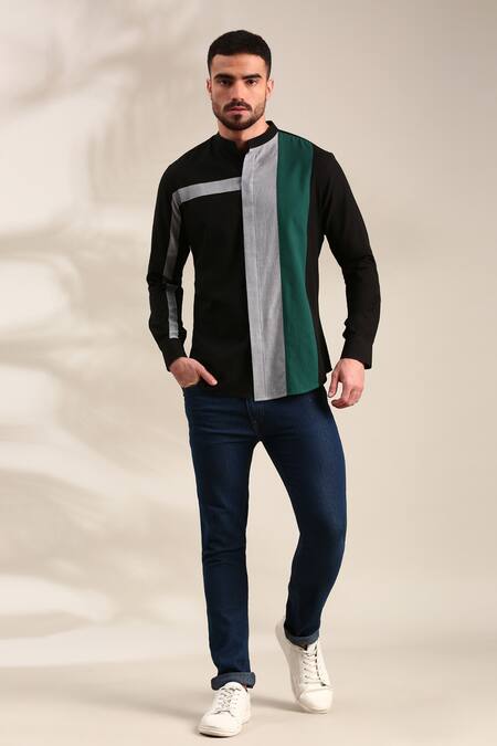 Buy_Mayank Modi - Men_Black Cotton Geometric Panel Shirt 