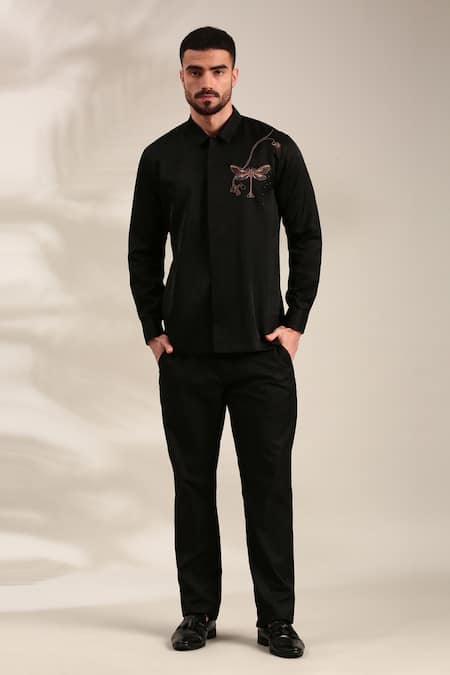 Buy_Mayank Modi - Men_Black Silk Embroidery Dragonfly Shirt For Kids