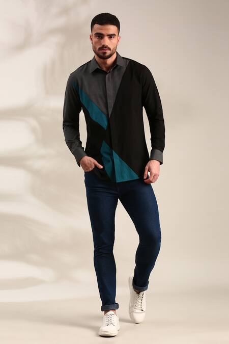Mayank Modi - Men_Black Cotton Geometric Panel Shirt For Kids_at_Aza_Fashions