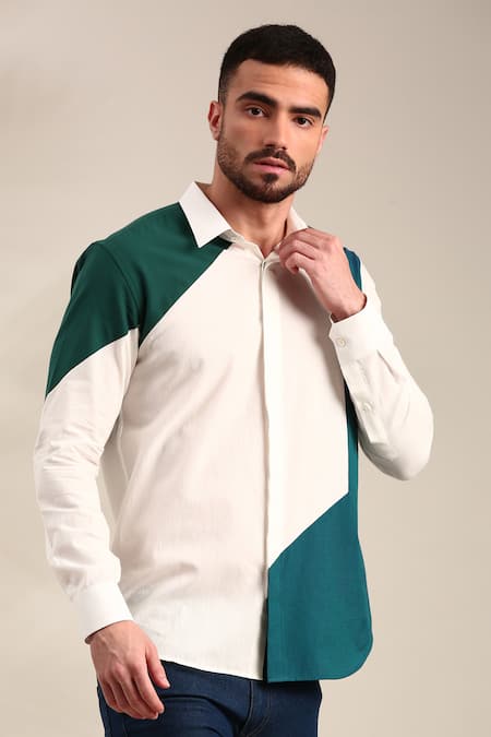 Mayank Modi - Men White Malai Cotton Geometric Pattern Detailed Shirt 