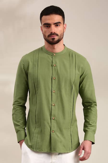 Mayank Modi - Men Green Malai Cotton Pin-tucks Detailed Shirt 