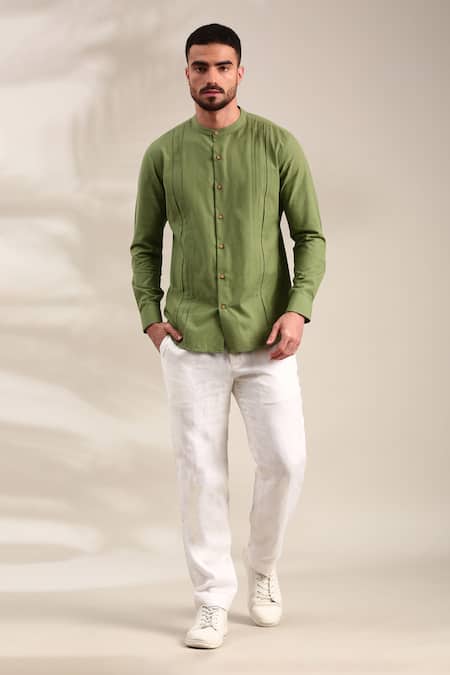 Mayank Modi - Men_Green Cotton Embroidery Pin-tuck Detailed Shirt _at_Aza_Fashions
