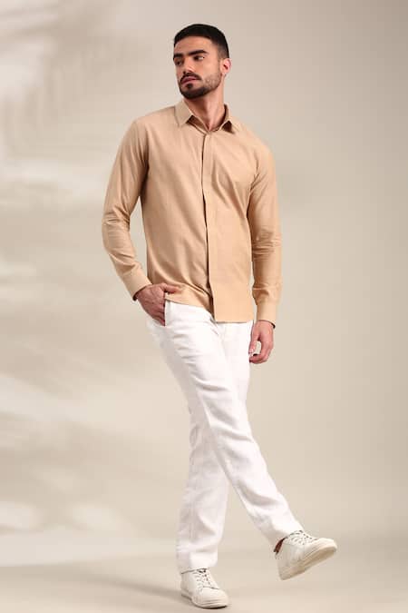 Buy_Mayank Modi - Men_Beige Cotton Embroidery Floral Thread Embellished Shirt For Kids