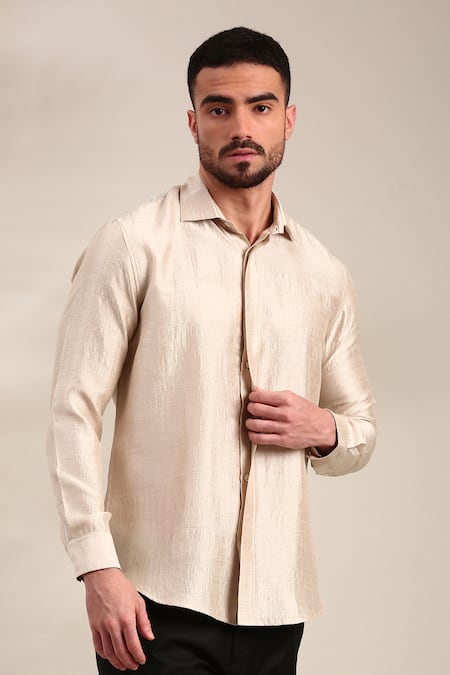 Mayank Modi - Men Cream Bemberg Silk Solid Front Concealed Placket Shirt 