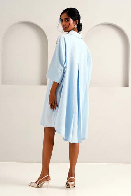 Shop Madder Much Blue Handloom Cotton Embroidery, Sequins Collared Suri Limitless Love Dress at Aza Fashions Shop_Madder Much_Blue Handloom Cotton Embroidery, Sequins Collared Suri Limitless Love Dress _at_Aza_Fashions