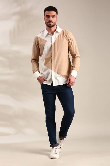 Buy_Mayank Modi - Men_Beige Cotton Geometric Pattern Shirt 