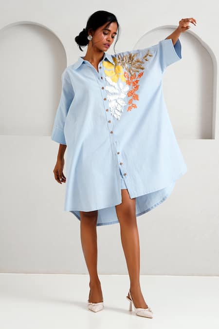 Shop Madder Much Blue Handloom Cotton Embroidery, Sequins Collared Suri Limitless Love Dress Online at Aza Fashions Shop_Madder Much_Blue Handloom Cotton Embroidery, Sequins Collared Suri Limitless Love Dress _Online_at_Aza_Fashions