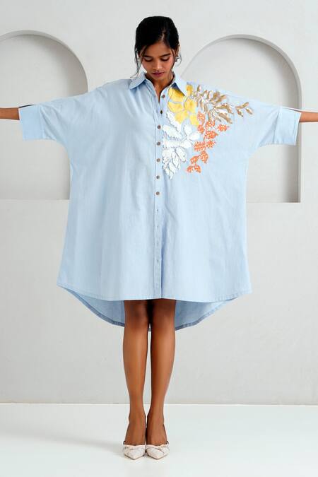 Madder Much Blue Handloom Cotton Embroidery, Sequins Collared Suri Limitless Love Dress at Aza Fashions Madder Much_Blue Handloom Cotton Embroidery, Sequins Collared Suri Limitless Love Dress _at_Aza_Fashions