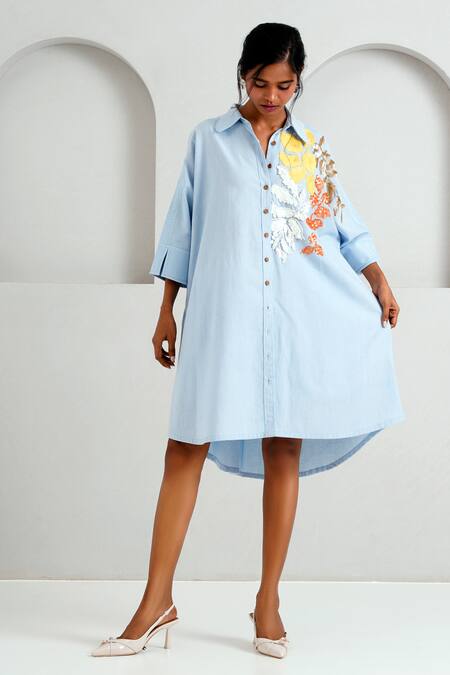 Buy Madder Much Blue Handloom Cotton Embroidery, Sequins Collared Suri Limitless Love Dress Buy_Madder Much_Blue Handloom Cotton Embroidery, Sequins Collared Suri Limitless Love Dress