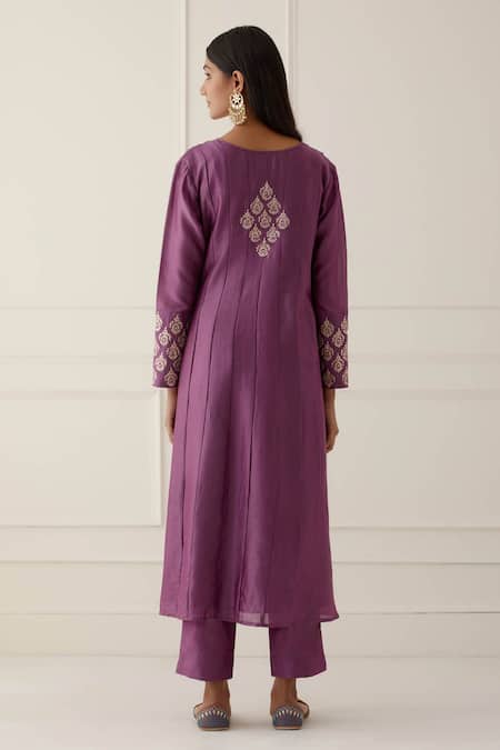 Shop Kamaltaas Purple Chanderi Silk, Lining Mulmul Pittan Paisley Embroidered Anarkali Set at Aza Fashions Shop_Kamaltaas_Purple Chanderi Silk, Lining Mulmul Pittan Paisley Embroidered Anarkali Set _at_Aza_Fashions